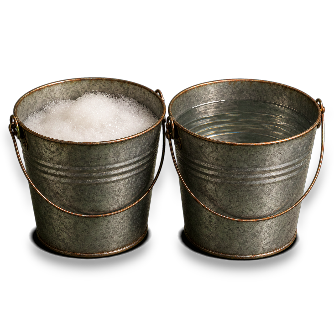 Two heavy wash buckets side by side, one for suds, one for rinse