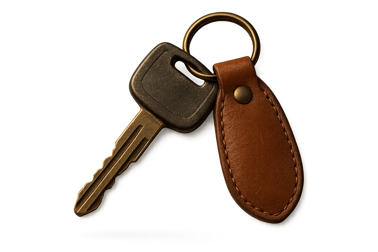 A worn car key on a plain leather fob