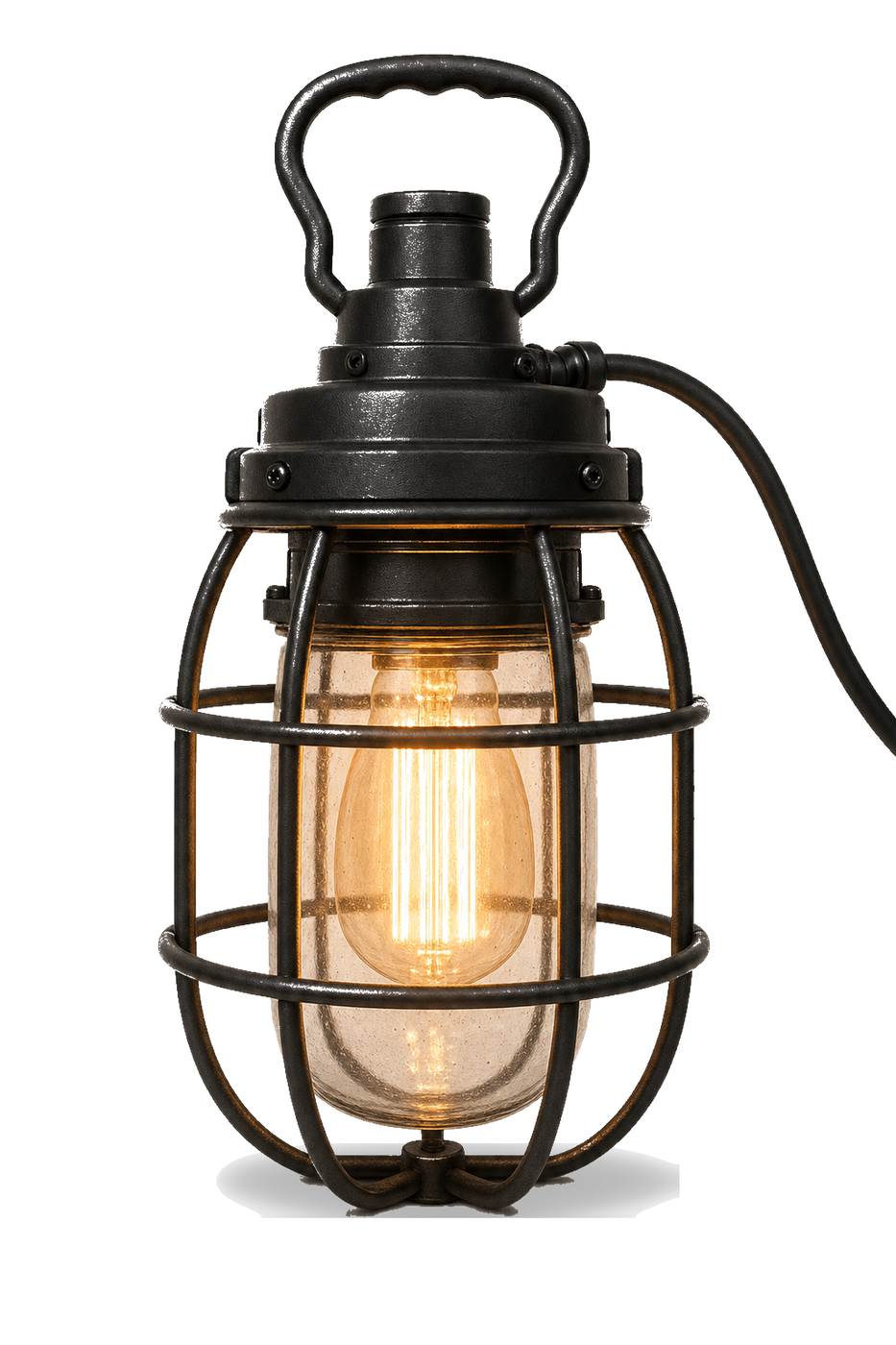 A caged work lamp, lit warm