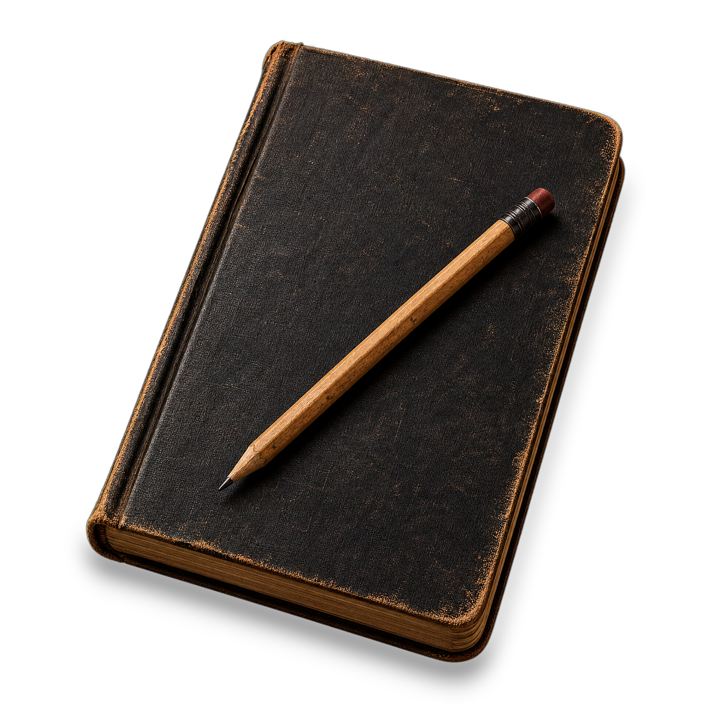 A worn cloth-bound ledger, closed, its spine softened by years of handling