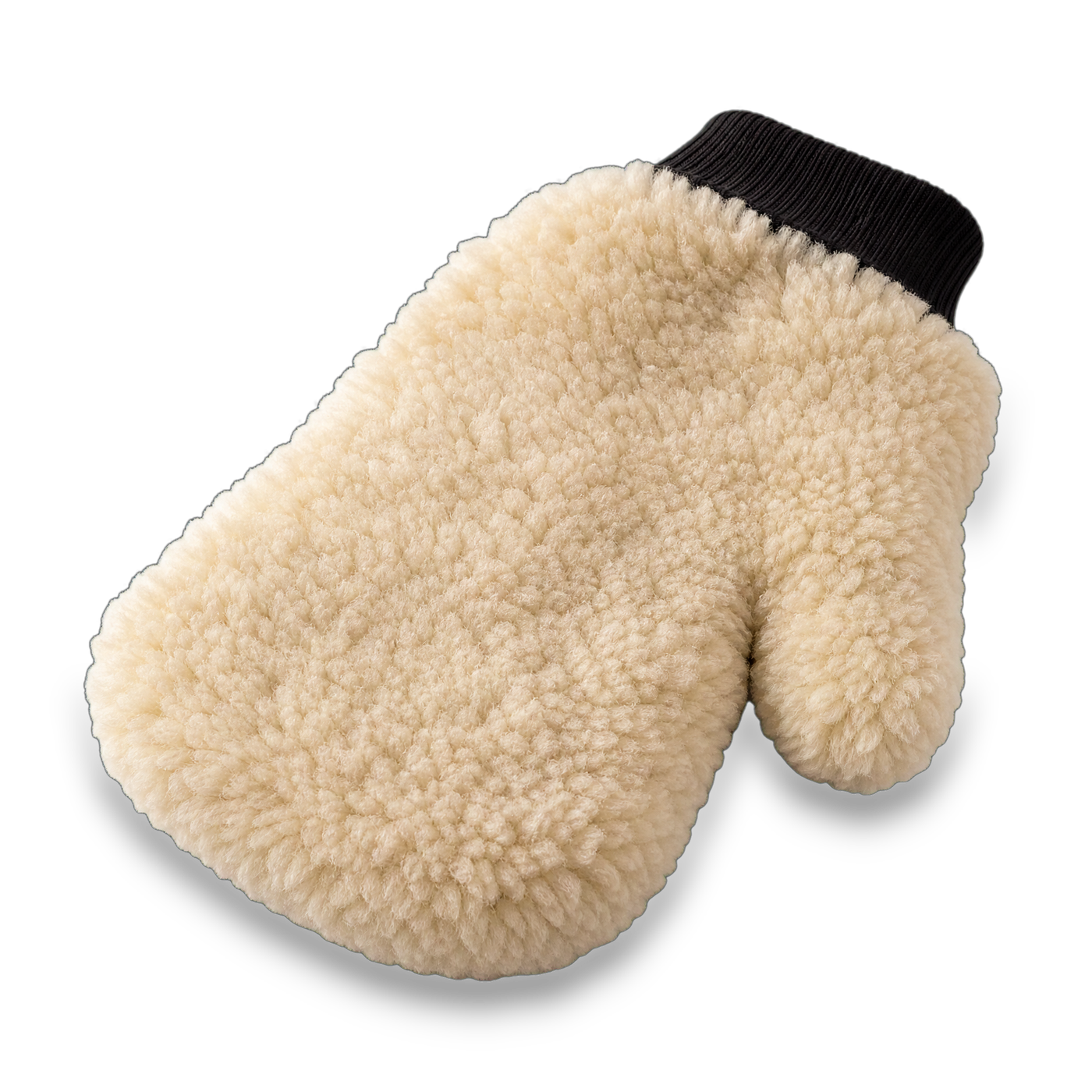 A lambswool wash mitt, soft and dense, photographed against nothing