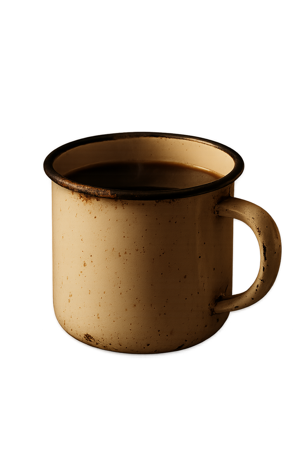 A chipped enamel mug of dark coffee, faint steam rising