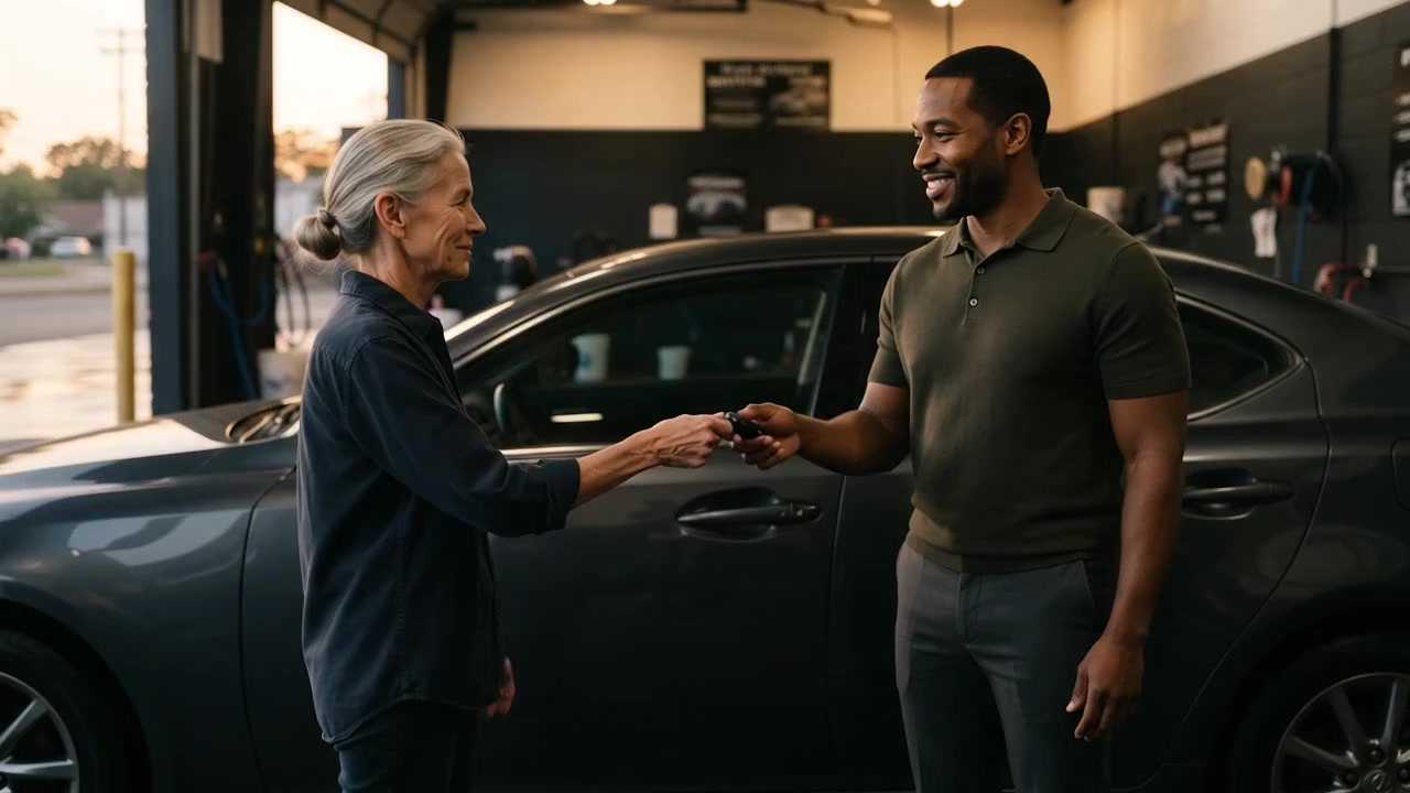 The owner hands the keys back to a smiling customer beside the finished car at dusk