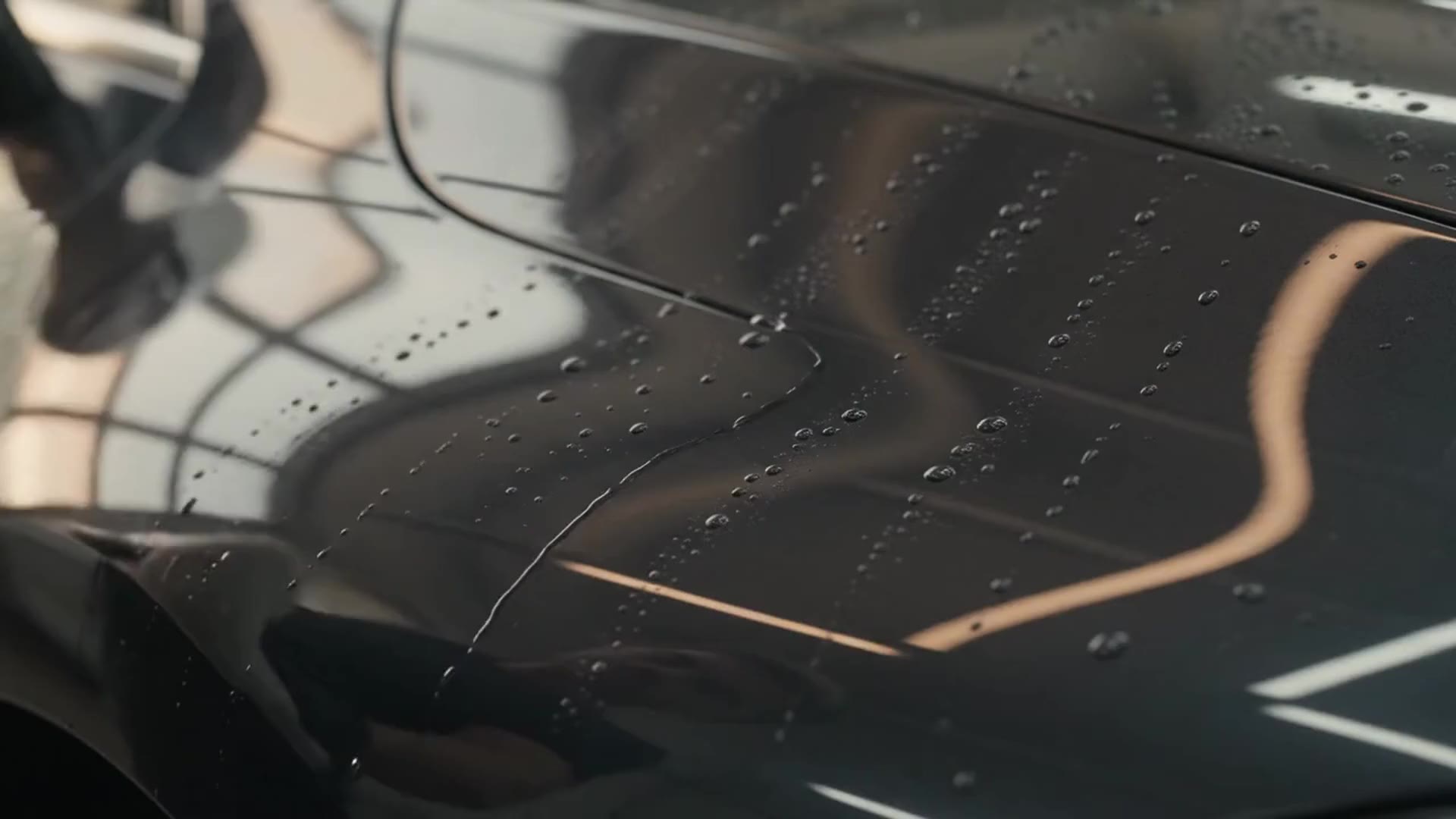 A lambswool mitt glides slowly along a dark panel, leaving clean wet gloss behind it