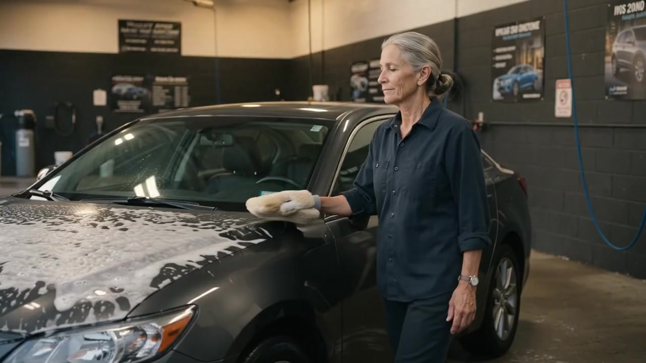 The owner of Bay Nine works foam across a dark sedan's hood by hand, at dusk