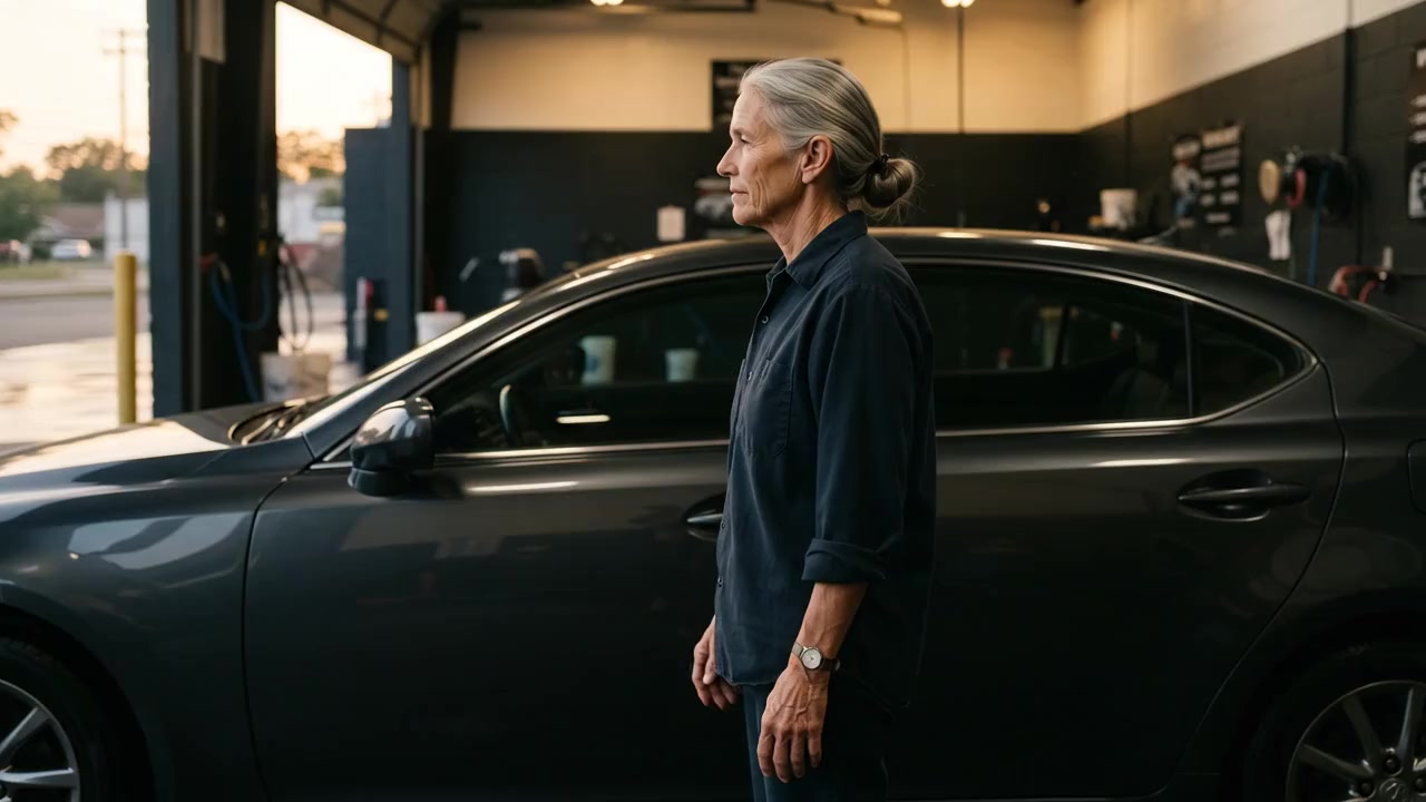 The owner rinses the sedan's flank with an open hose, water sheeting off the paint