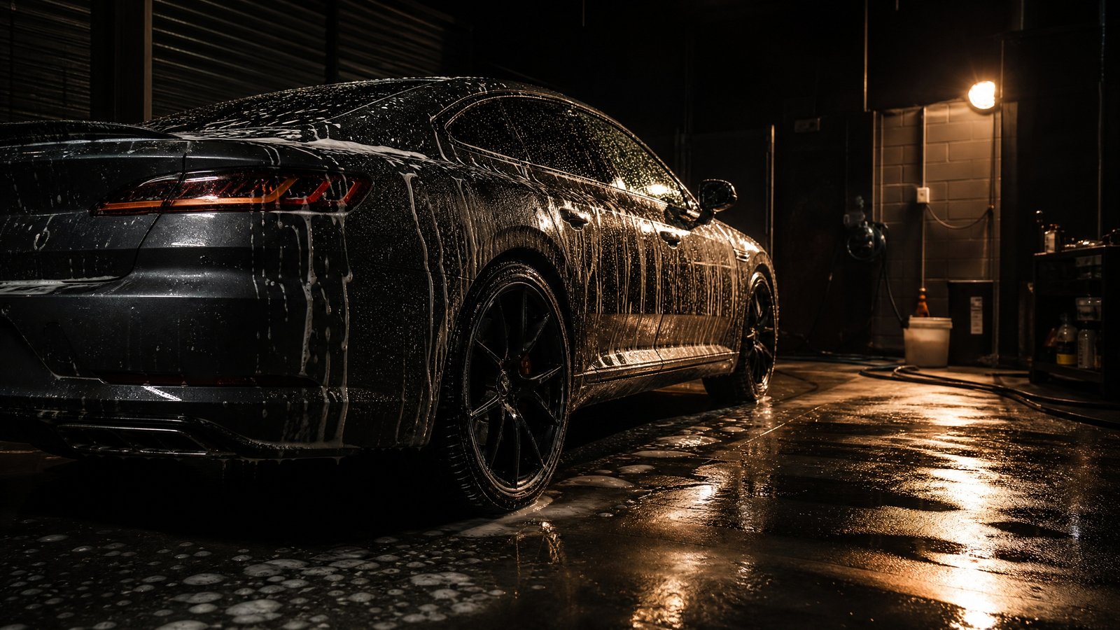 Inside the bay: wet floor, warm light, everything in its place