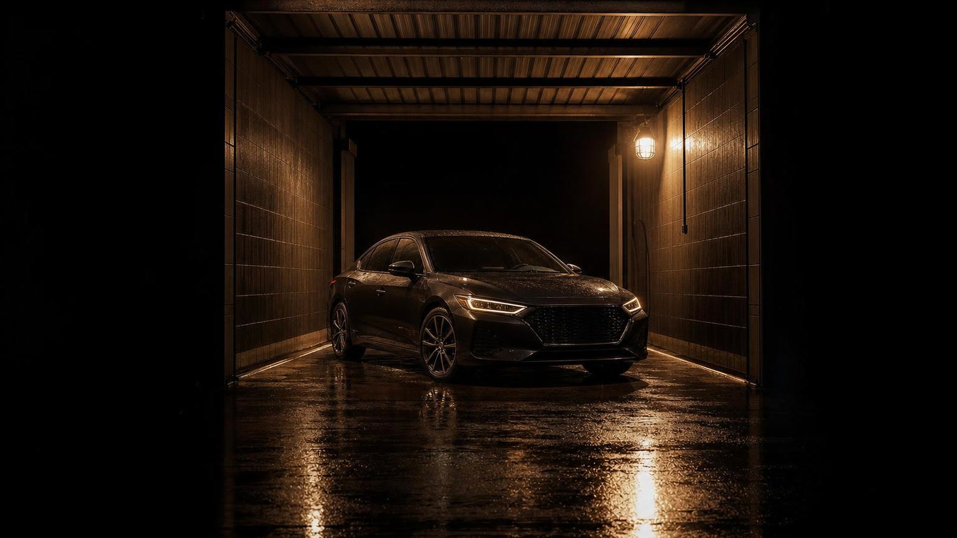 The same sedan freshly finished: deep wet gloss under warm dusk light