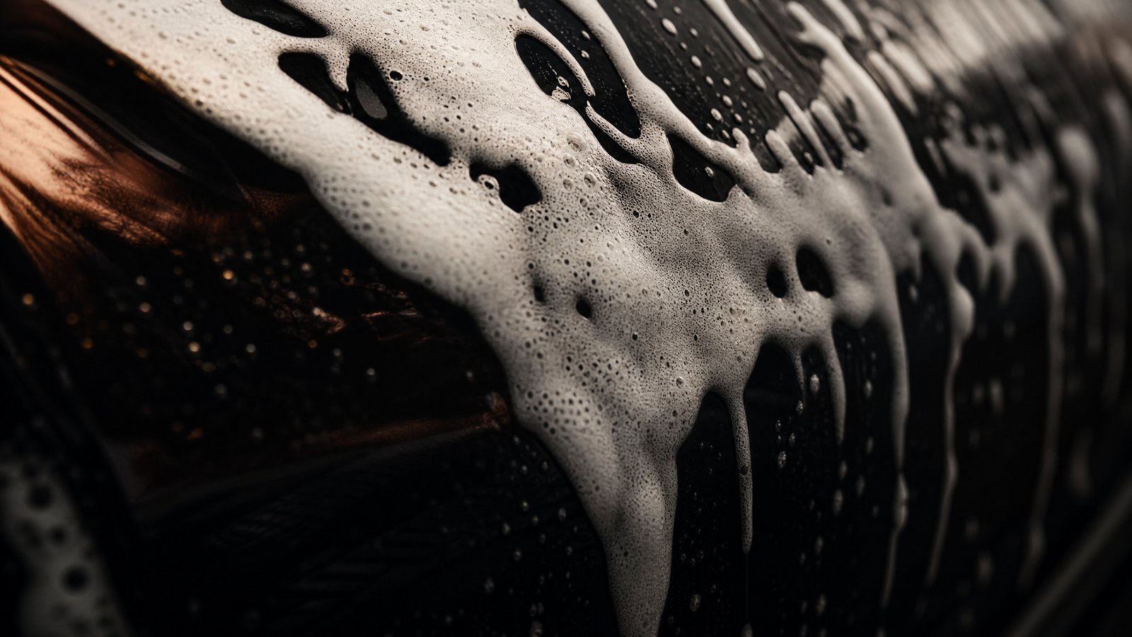 Foam clinging in thick ridges to dark paint, close enough to see the bubbles