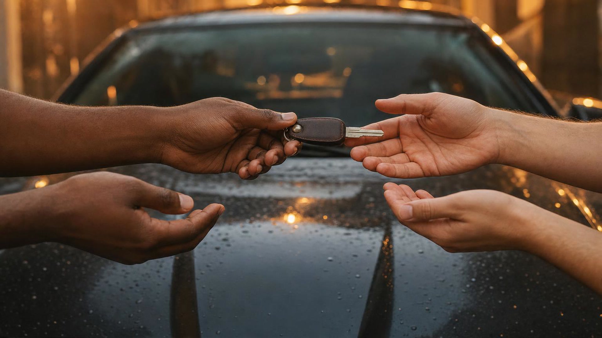 Keys passing from one pair of hands to another over the finished hood