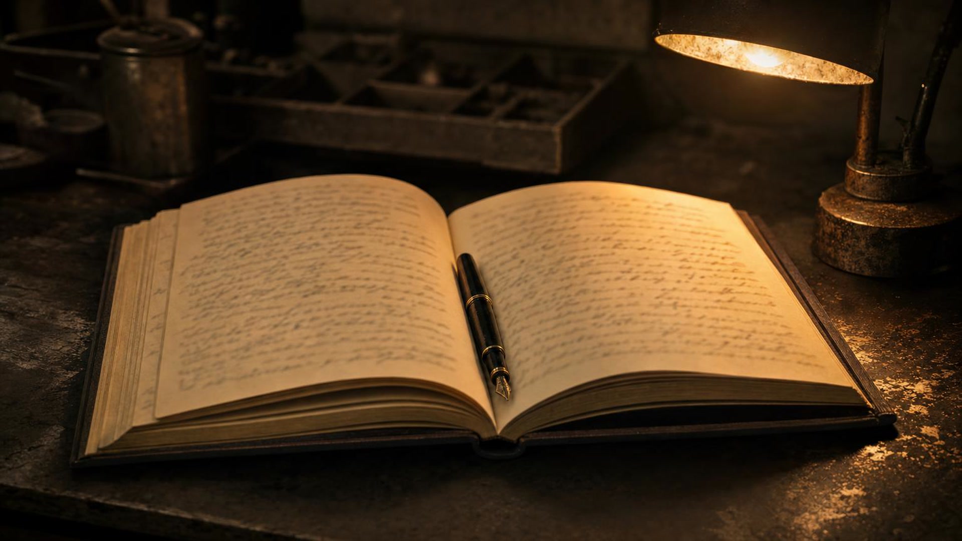 The cloth-bound ledger lying open under the work lamp, fountain pen resting in the gutter