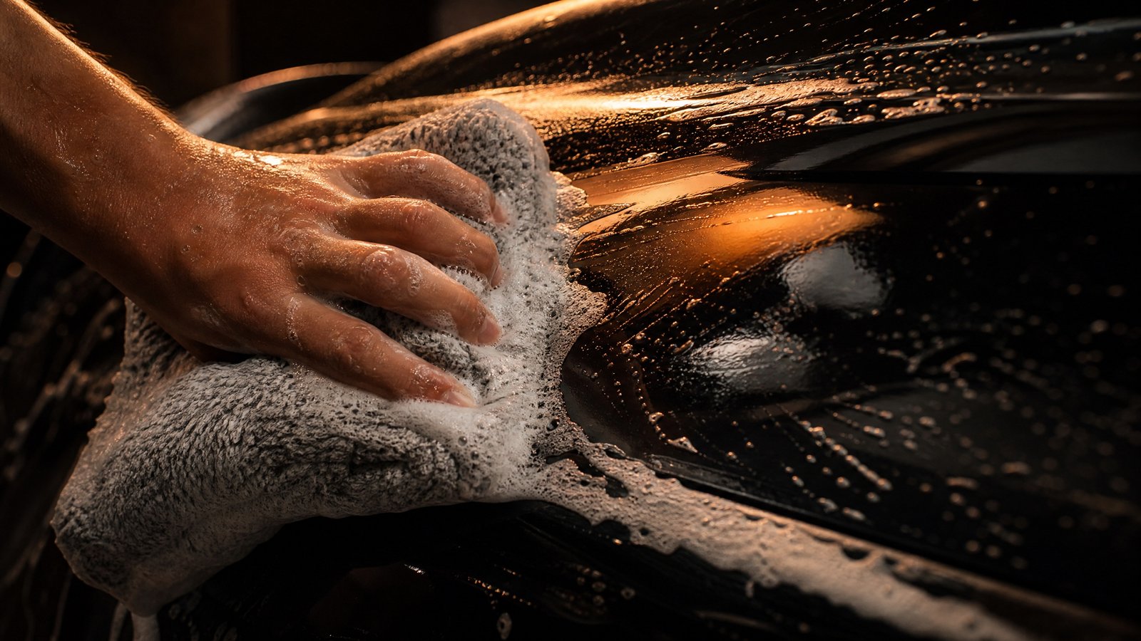 The mitt mid-pass along a dark panel, water trailing behind it
