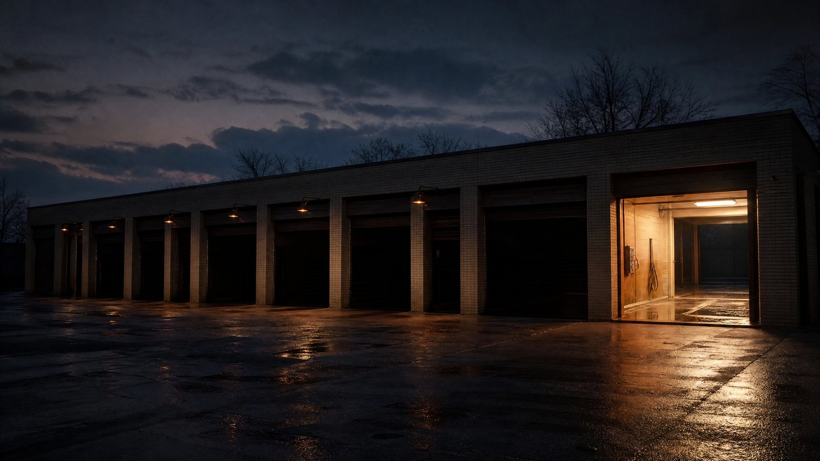 The row of old wash bays at dusk, most doors shut, warm light spilling from one
