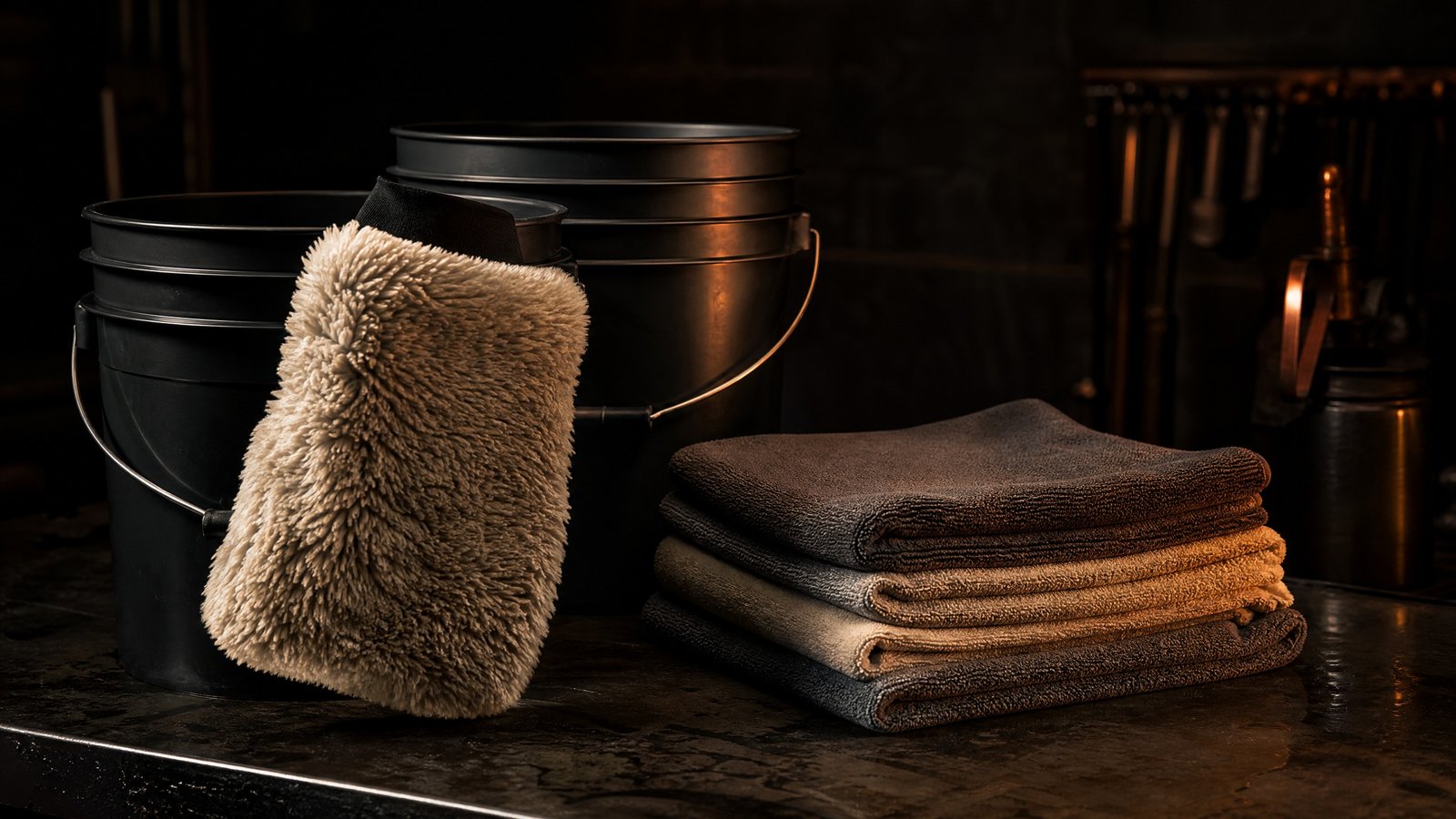 The bay's tools laid out clean and ready in warm light