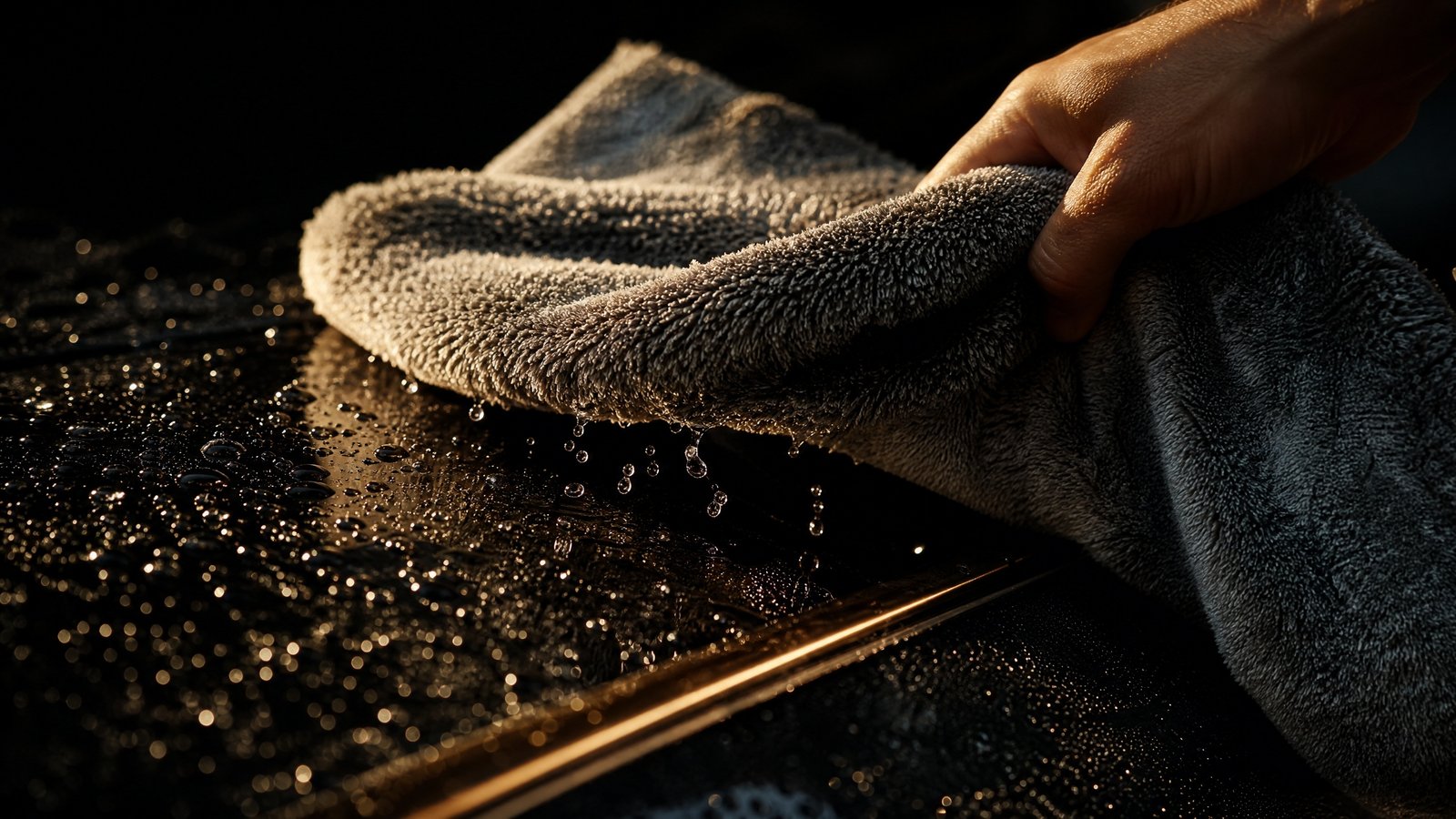 A thick towel drawing the last water off a dark panel