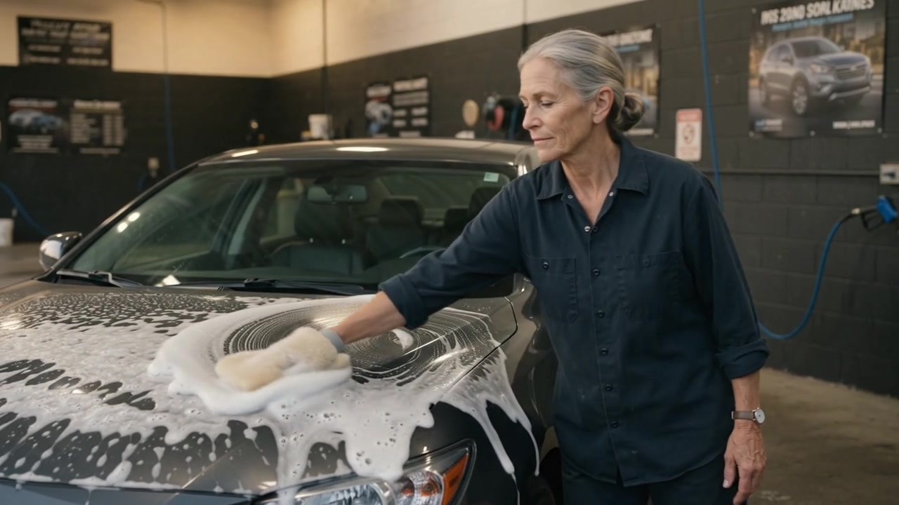 The owner working the foamed hood by hand with the mitt