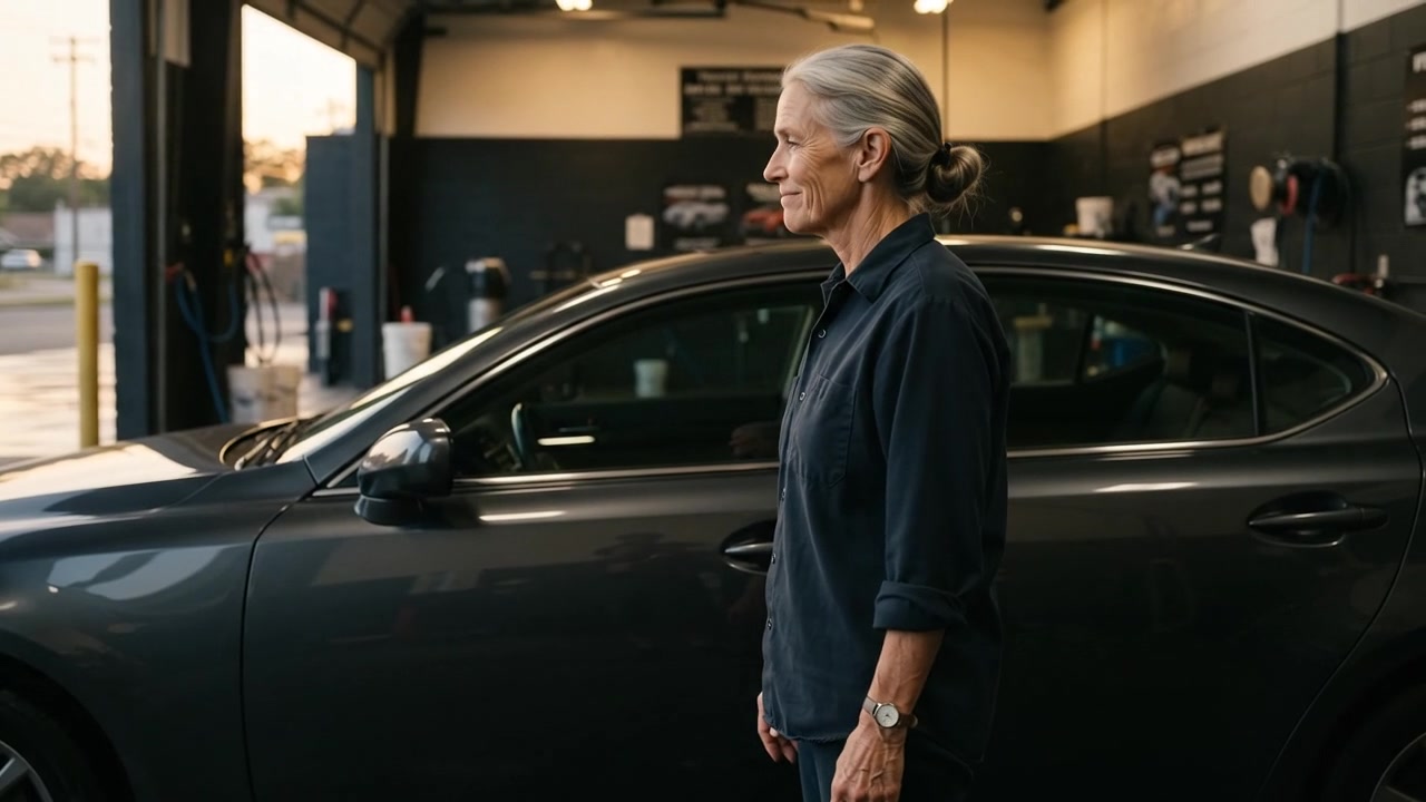 The owner at ease beside the finished car in the warm light of the bay, a small satisfied smile