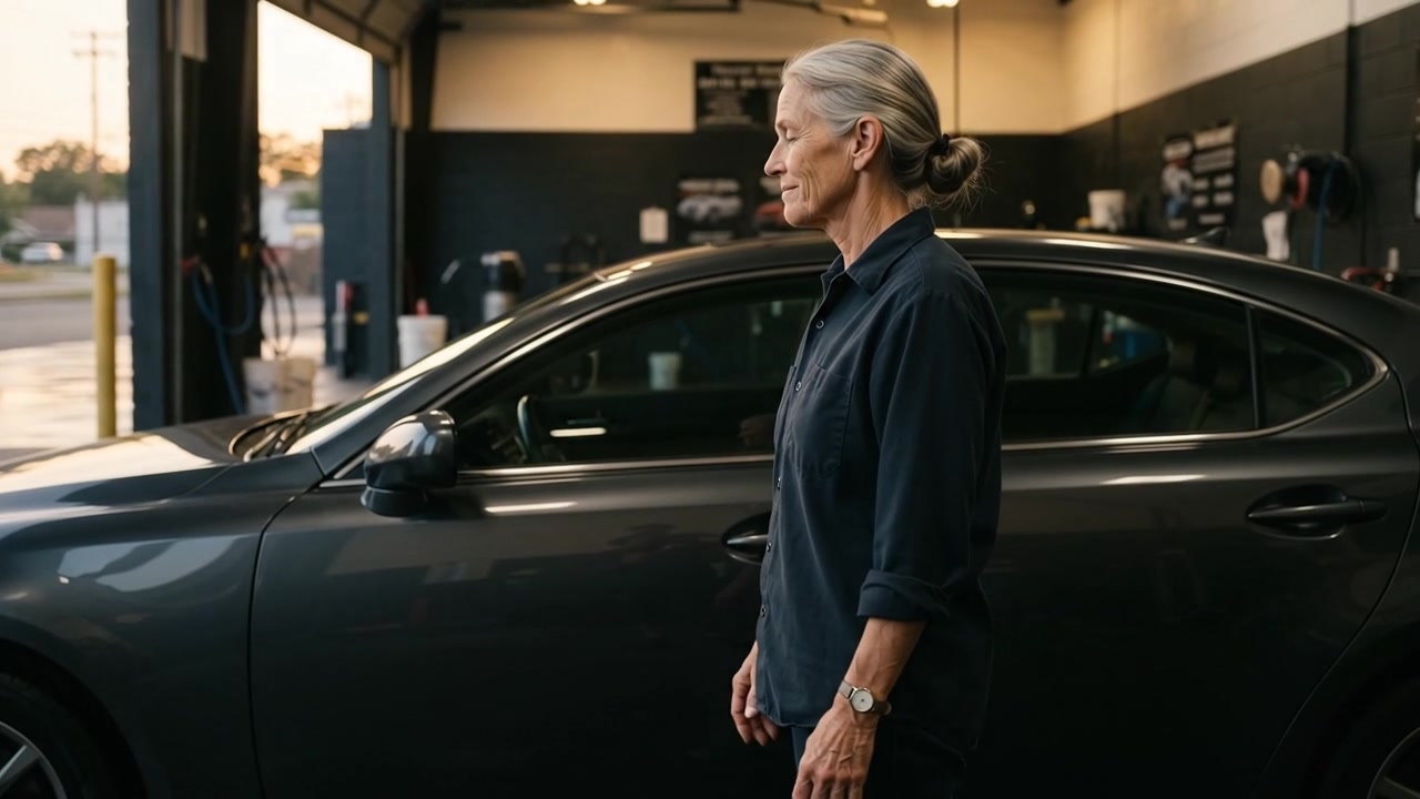 The owner standing easy beside the finished car, the hint of a satisfied smile